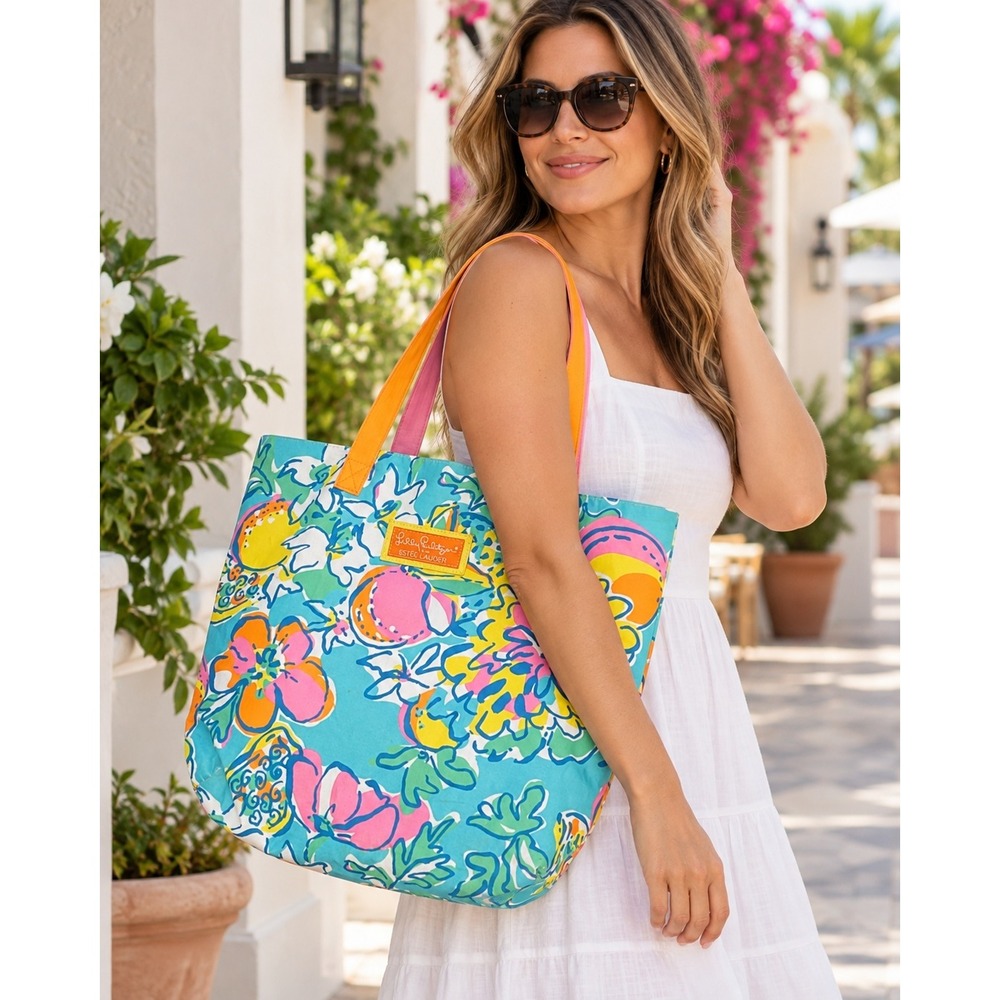 Lilly Pulitzer for ESTEE LAUDER Aqua Floral Tote with Pink & Orange Straps